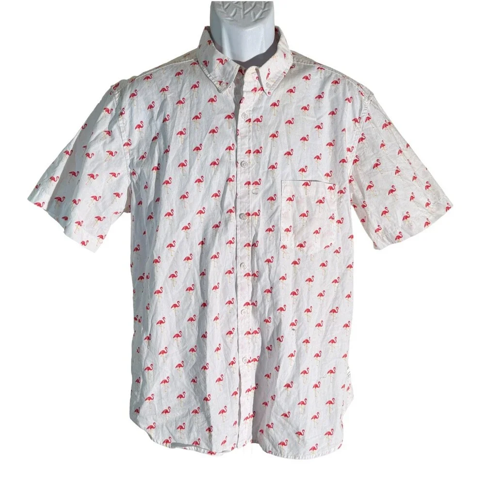 PUBLIC ART Men's Short Sleeve Button Down Flamingo Shirt White Large